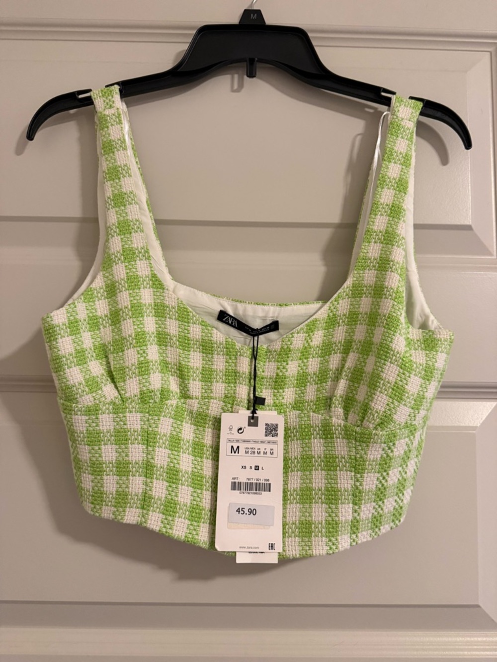 Zara Green and White Check Tweed Crop Top